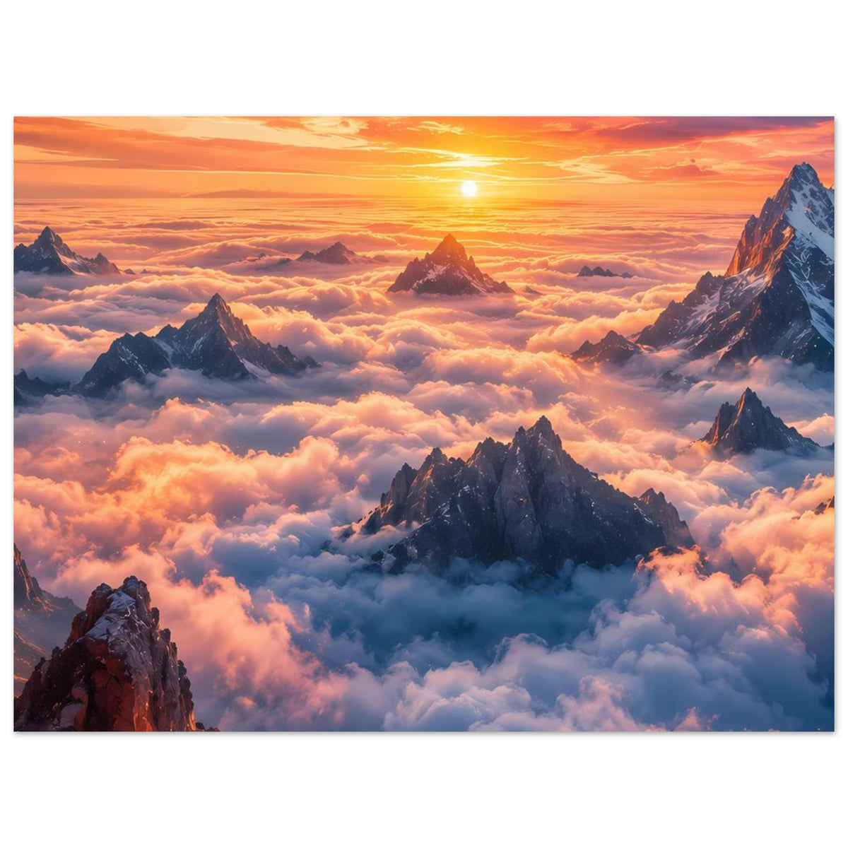 Poster im Querformat mit Blick auf schroffe Bergspitzen, orangefarbener Himmel und Sonne