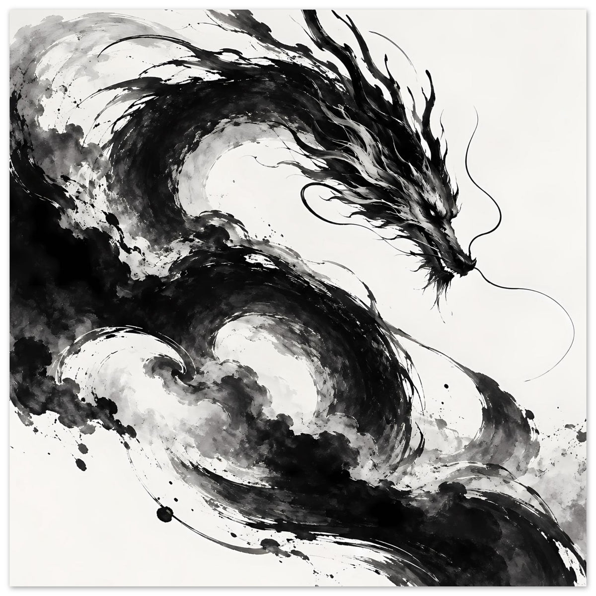 Drachenkunst-Poster im Schwarz-Weiß: dynamischer Drache mit Rauchstrichen und Schweifspuren