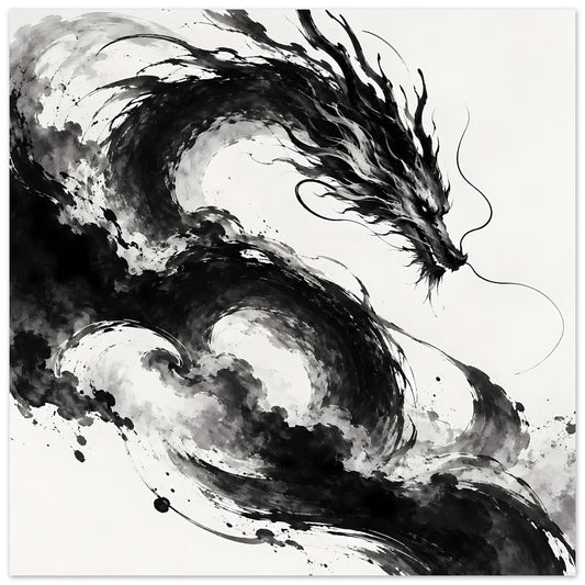 Drachenkunst-Poster im Schwarz-Weiß: dynamischer Drache mit Rauchstrichen und Schweifspuren