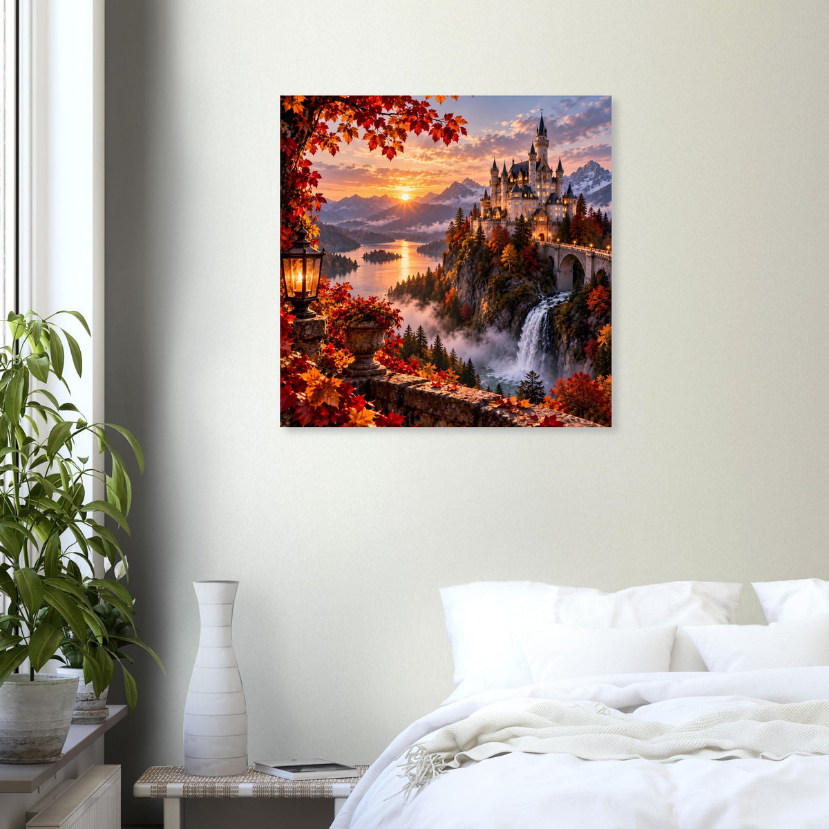Quadratisches Poster mit Schloss bei Sonnenuntergang und goldenem Herbstlaub, matte Oberfläche