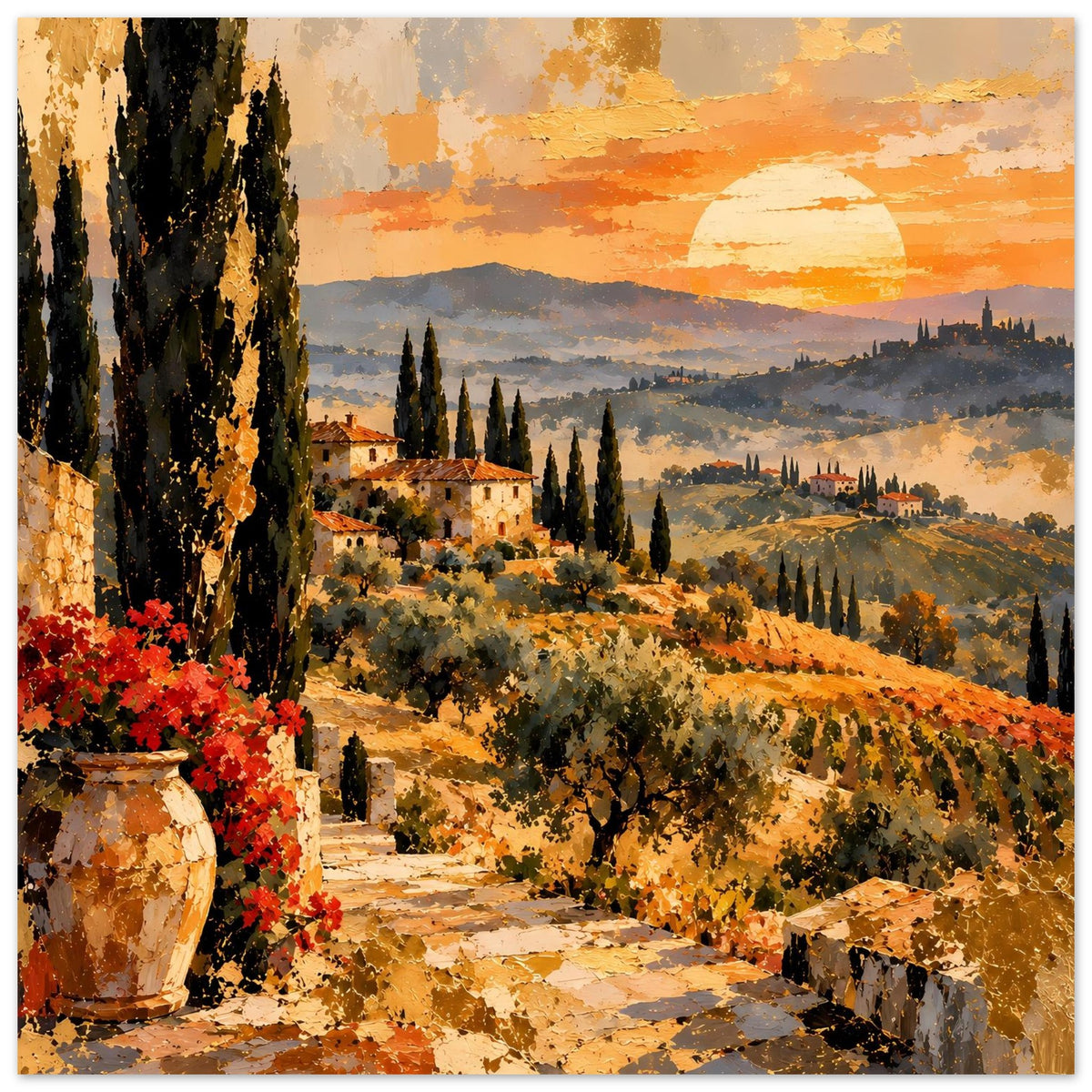 Toskana-Poster, Landschaft mit orangefarbenem Sonnenuntergang, Zypressen und Weinbergen