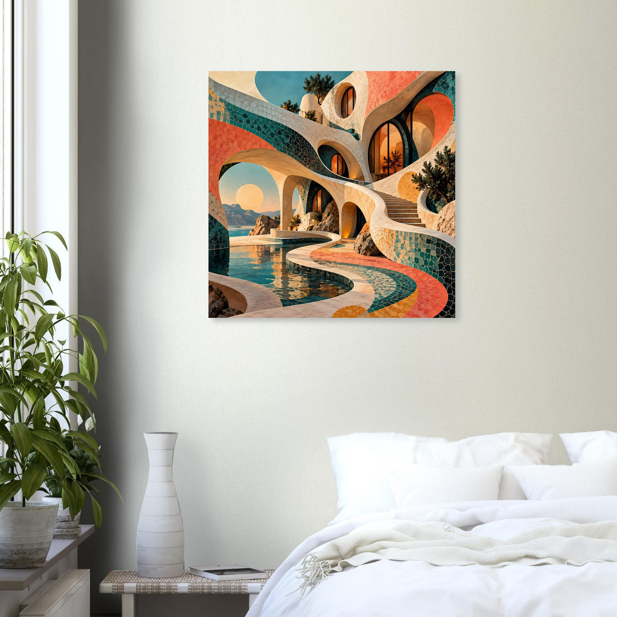 Kunstposter mit Bogenarchitektur-Motiv, türkisem Flusslauf und korallenroten Wegen