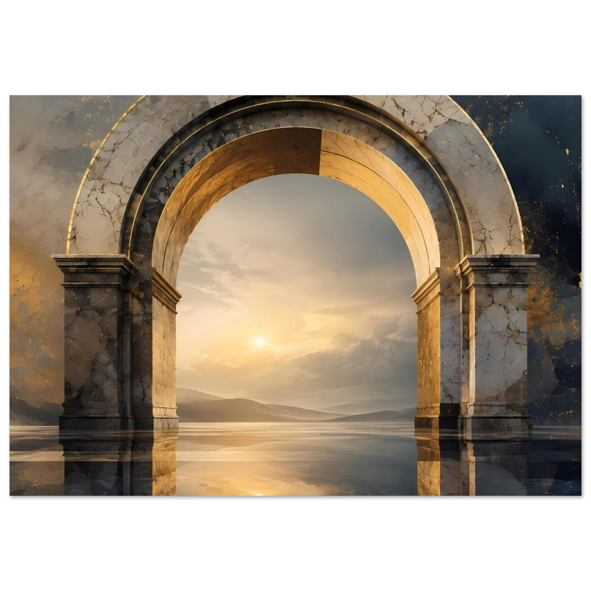 Wandposter: Marmorbogen mit goldener Innenkante, dunklem Außenring und Abendhimmel-Reflexion