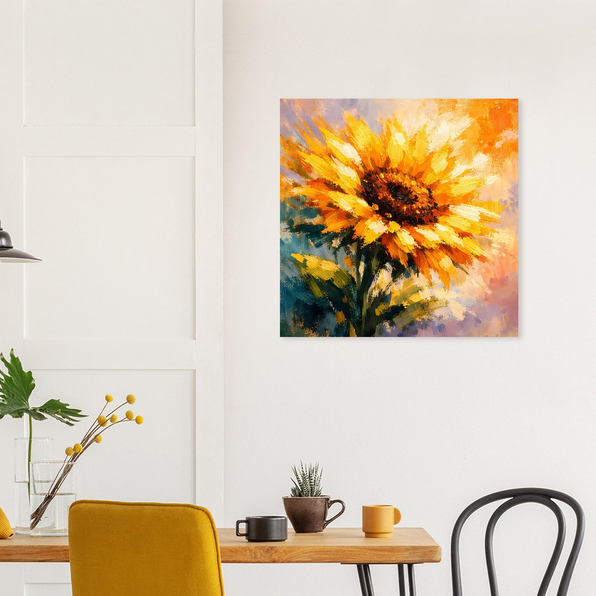 Poster mit Sonnenblume in warmen Gold- und Orangetönen, abstraktes Malbild.