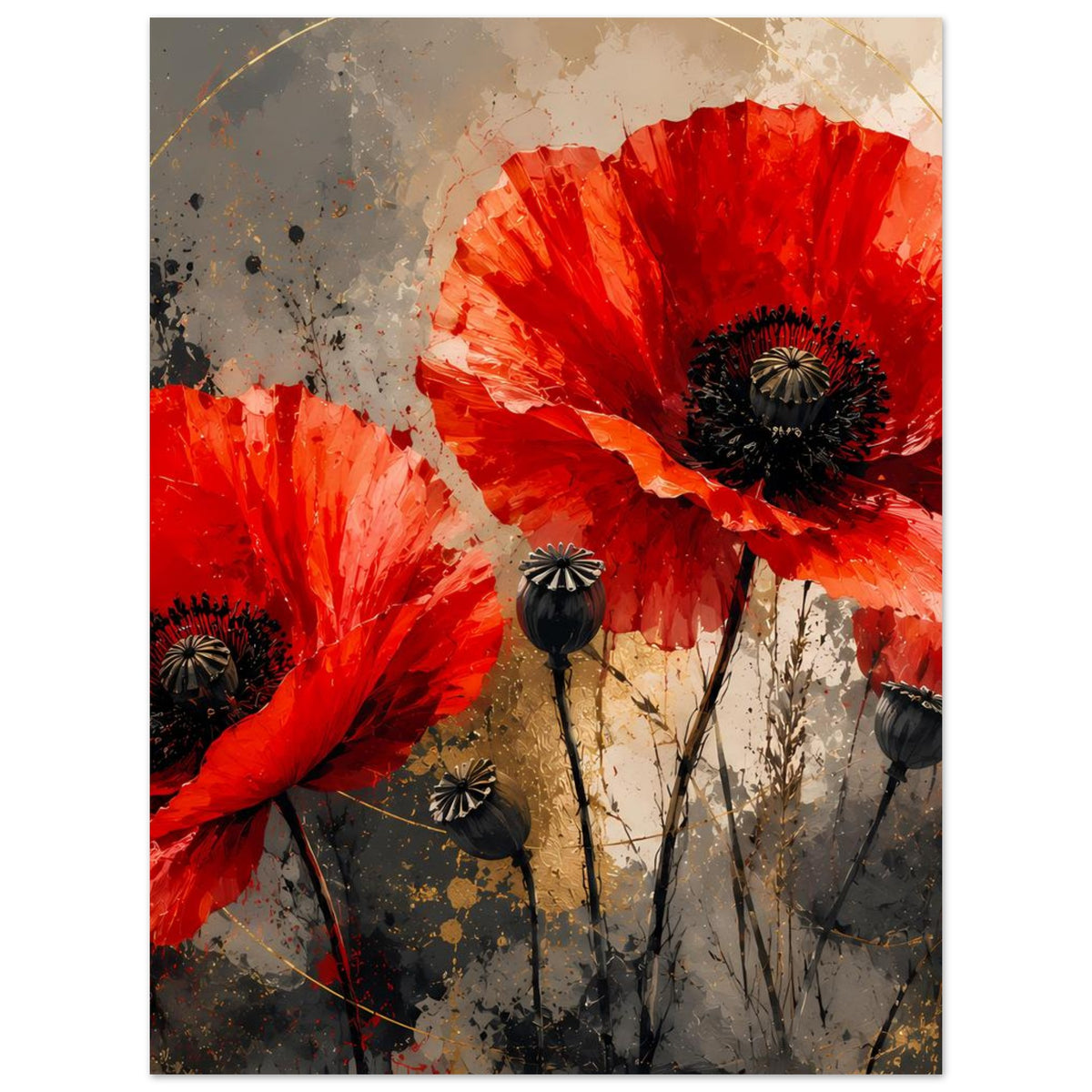 Kunstposter mit roten Mohnblumen und schwarzen Blütenkernen auf grauem Hintergrund