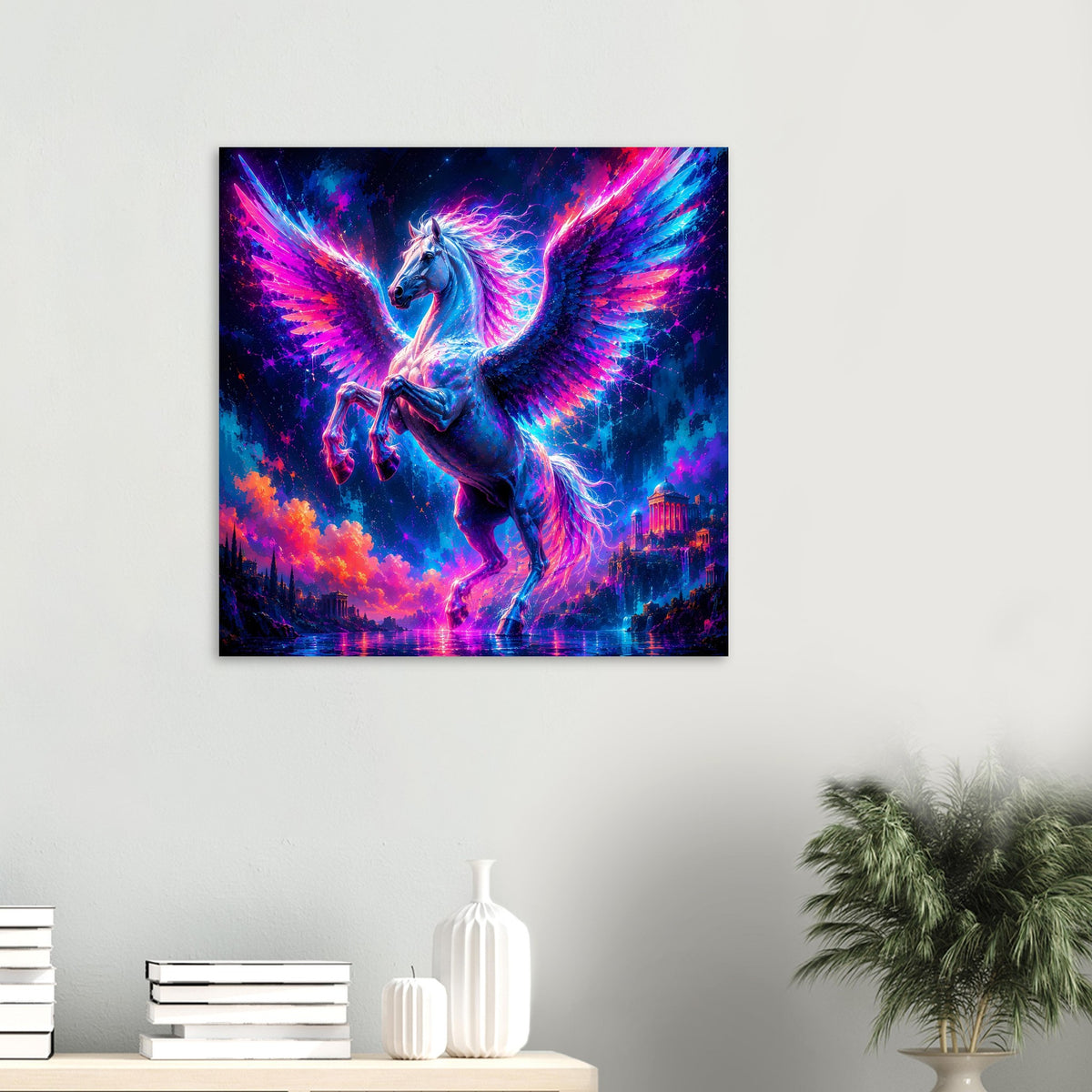 Quadratisches Pegasus-Poster im Neonfarblook, schwarz gerahmt, Flügel leuchtend