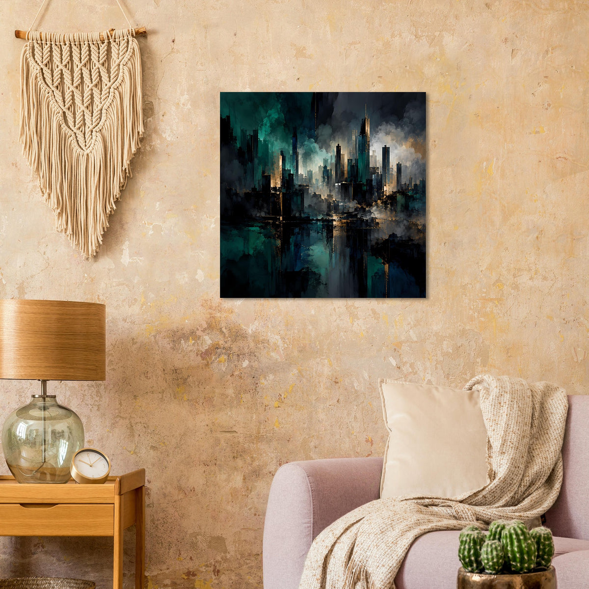 Abstraktes Stadtposter im Quadrat mit Skyline-Spiegelung, türkis-blauen Flächen und goldenen Akzenten.