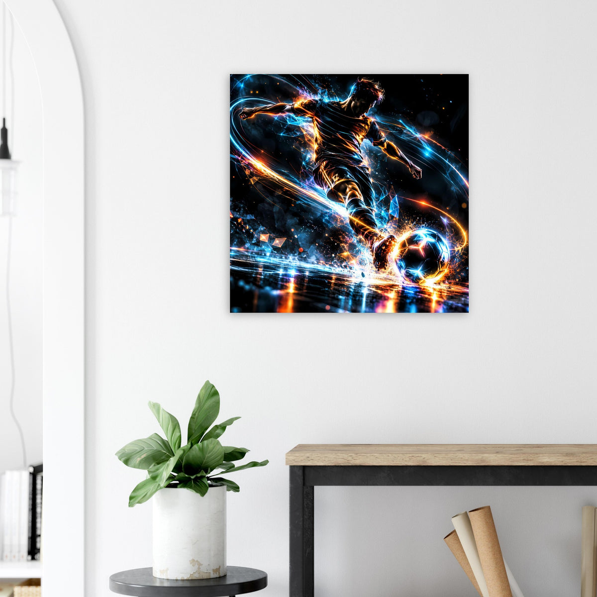 Neon-Fußball-Actionposter im Querformat: Spieler mit blauem und orangefarbenem Leuchten