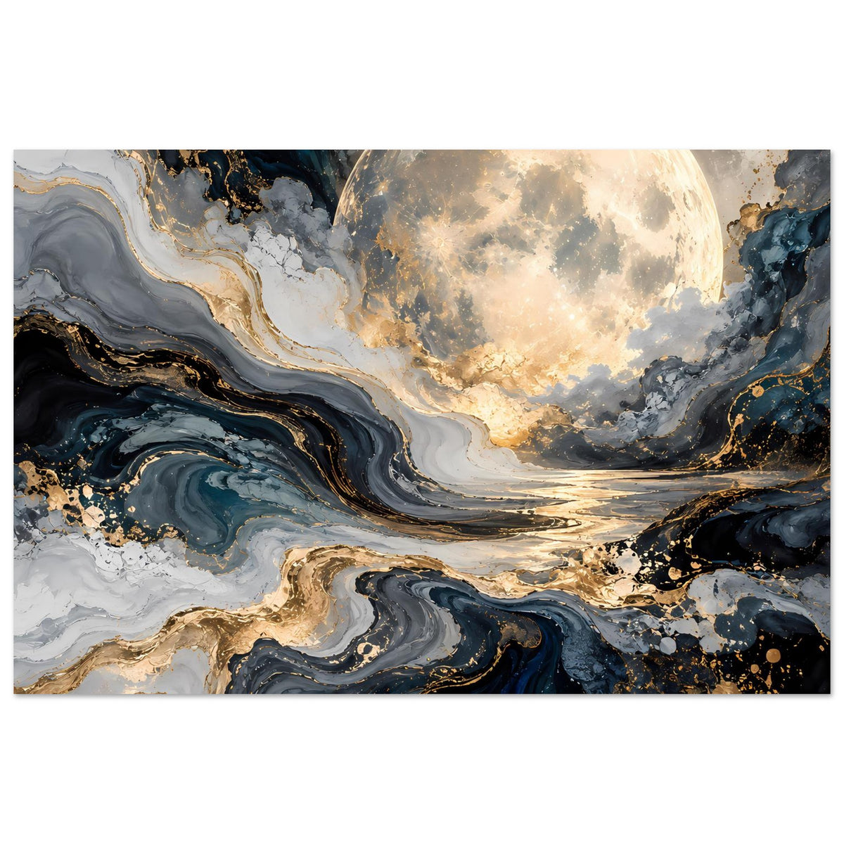 Poster im Querformat: großer Mond über gold umrandeten, marmorierten Wellenstrukturen