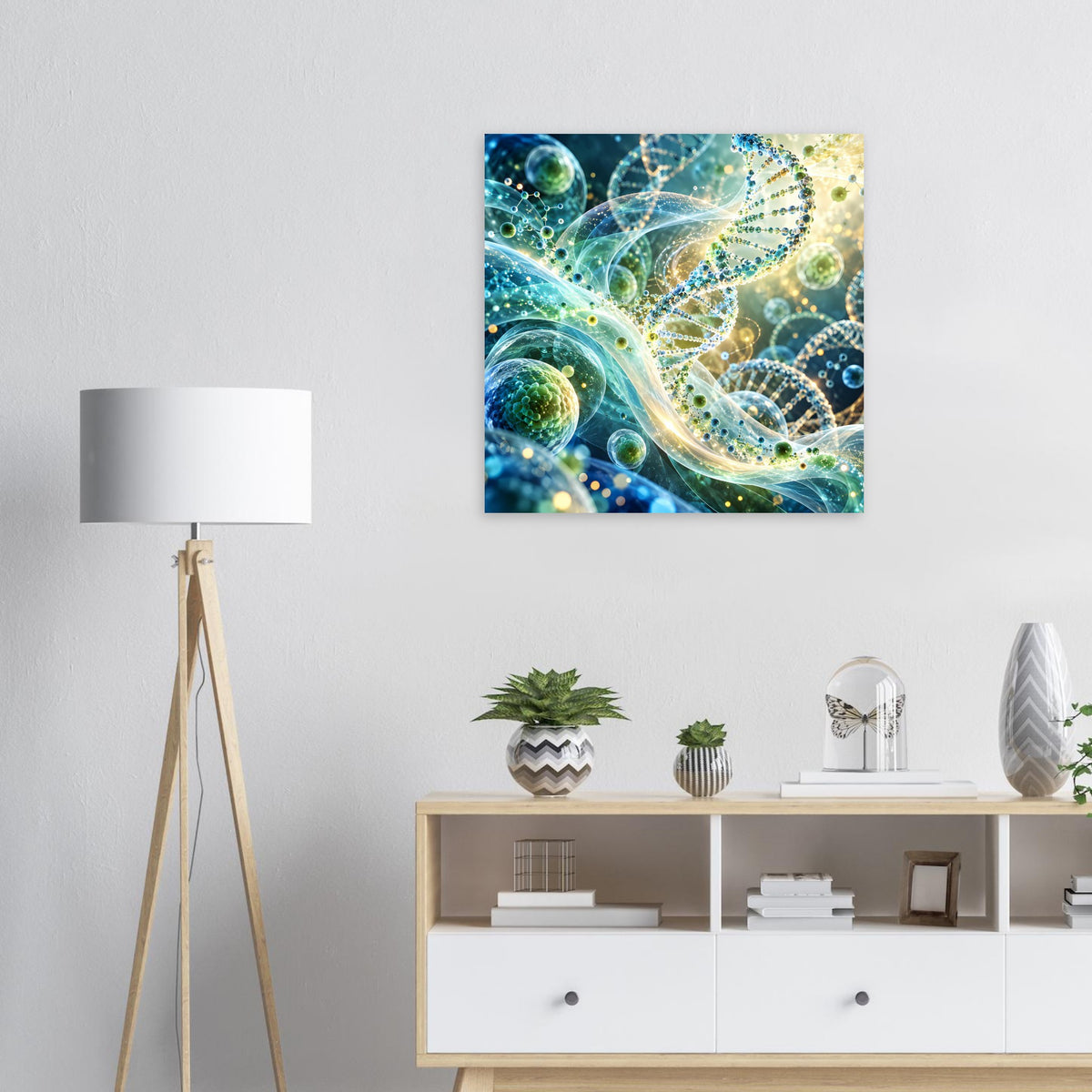 Quadratisches Poster mit leuchtender DNA-Doppelhelix in Blau-Grün und gelben Akzenten
