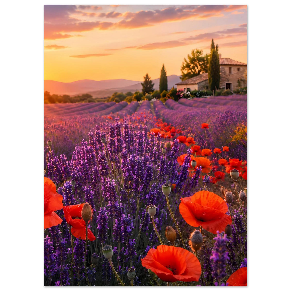 Vertikales Poster mit Lavendelfeld und orange Mohnblumen, Haus und Hügel im Hintergrund