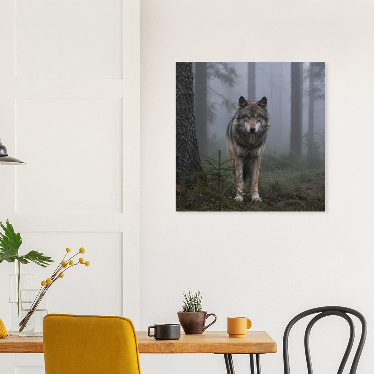 Quadratisches Poster mit Wolf im Wald, blickt nach vorn vor nebligen Baumreihen
