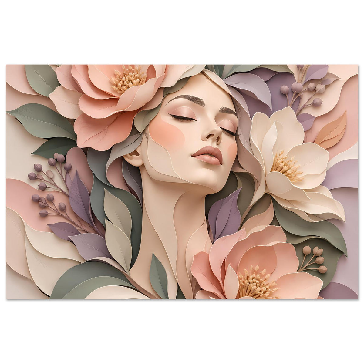 Poster mit floraler Portraitgrafik: Gesicht im Mittelpunkt, Blüten in Rosa, Flieder und Creme