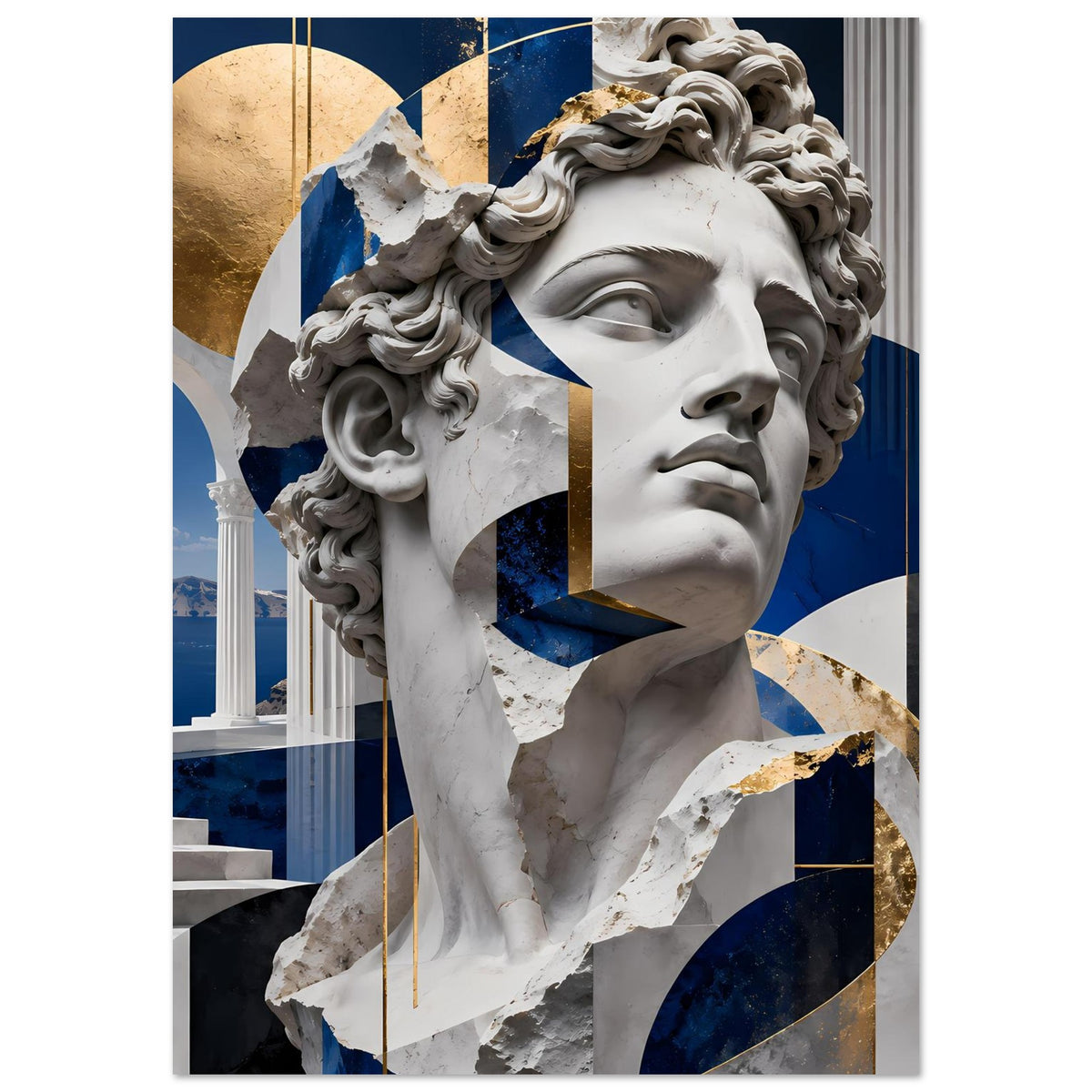 Poster mit Marmor-Büste, blauem Geometrie-Design und goldener Kurve im Hintergrundmotiv