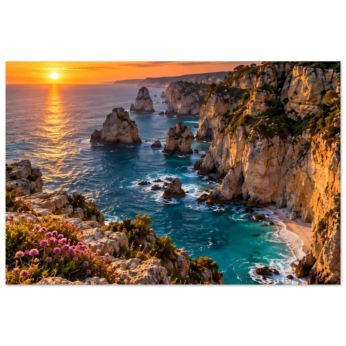 Küstenposter quer: Sonnenuntergang über dem Meer, Felsklippen, türkisfarbene Bucht