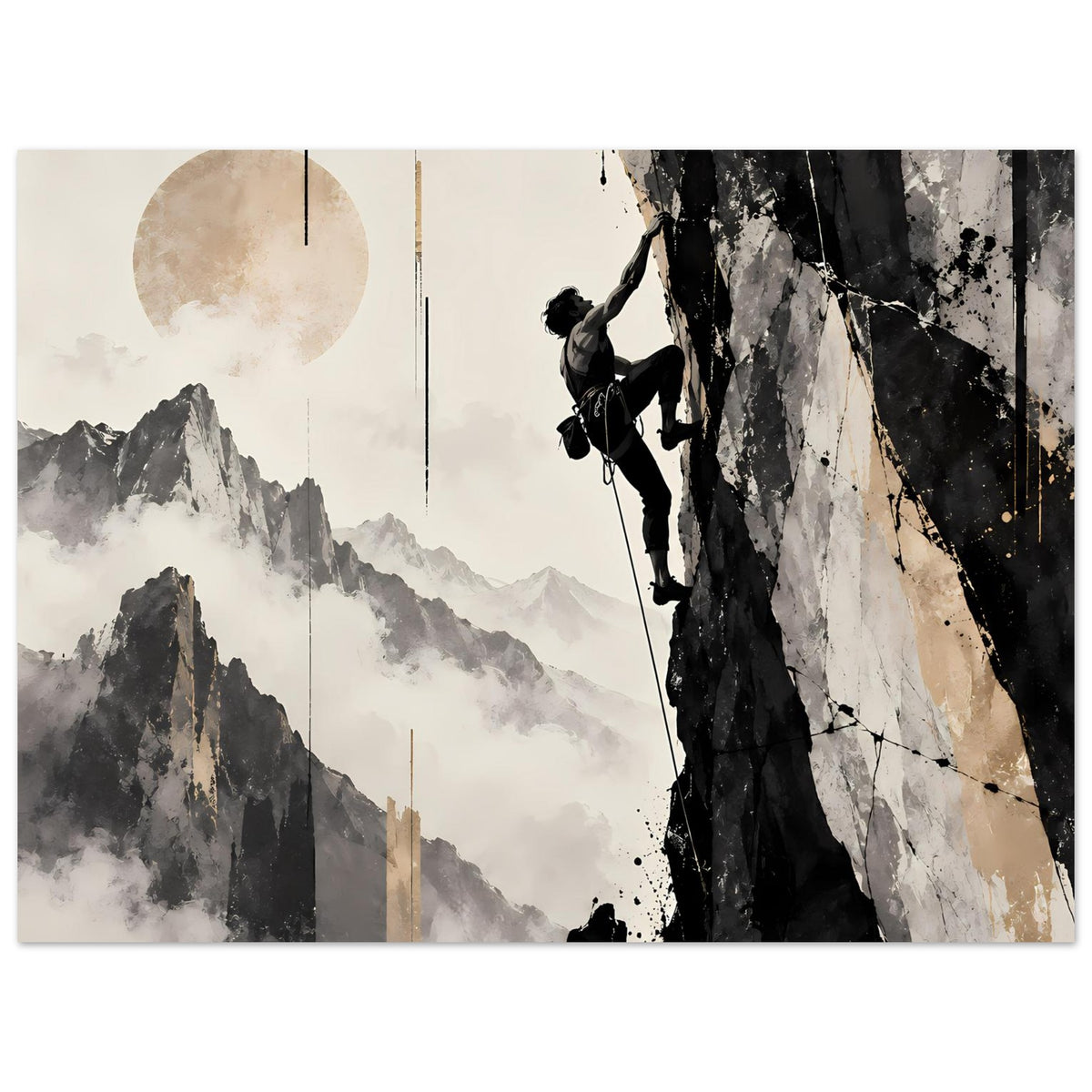 Horizontales Poster: Bergsteiger am Fels, kontrastreiche Berge in Schwarz, Weiß und Beige