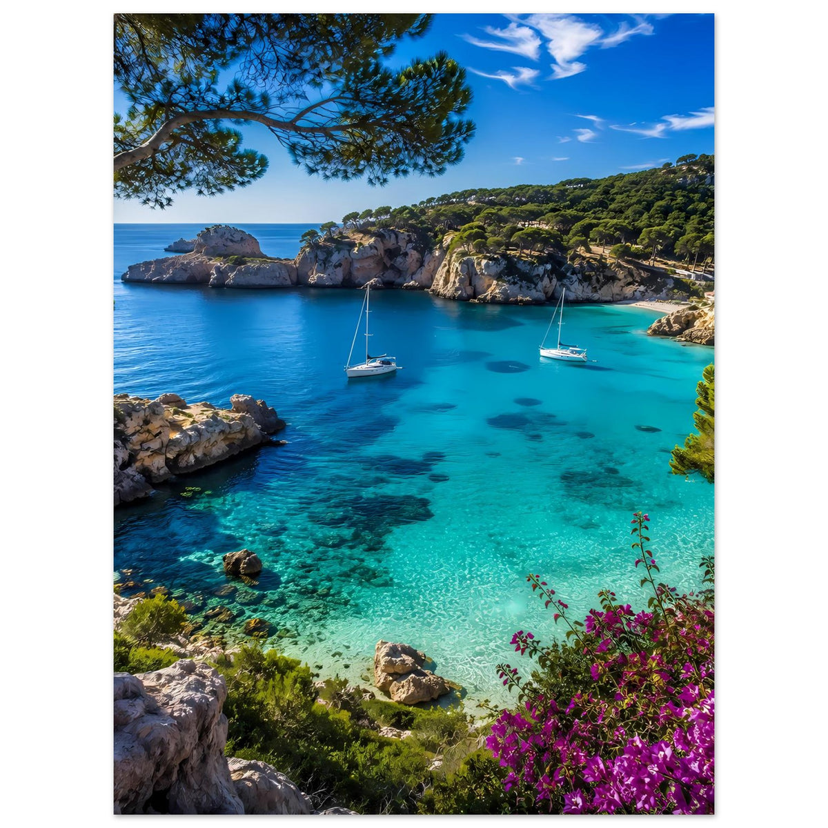 Gedrucktes Poster im Hochformat mit türkisblauem Wasser, Steinen, Segelbooten und lila Blumen.