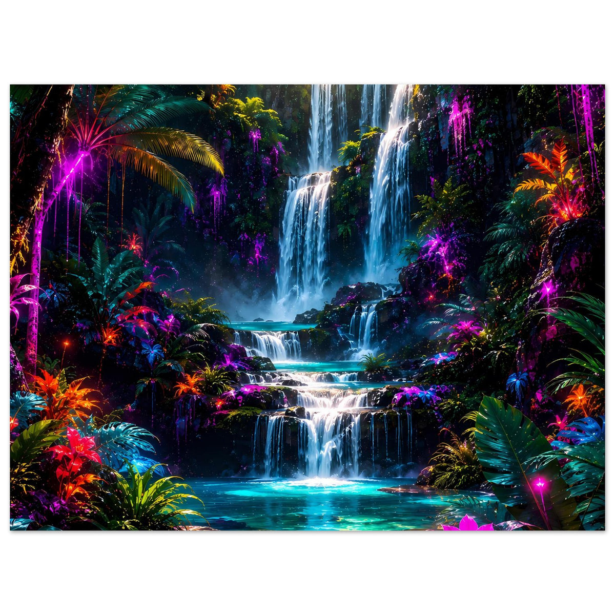 Neonfarbenes Poster (Querformat) mit Wasserfall im Regenwald und farbigen Lichtpunkten