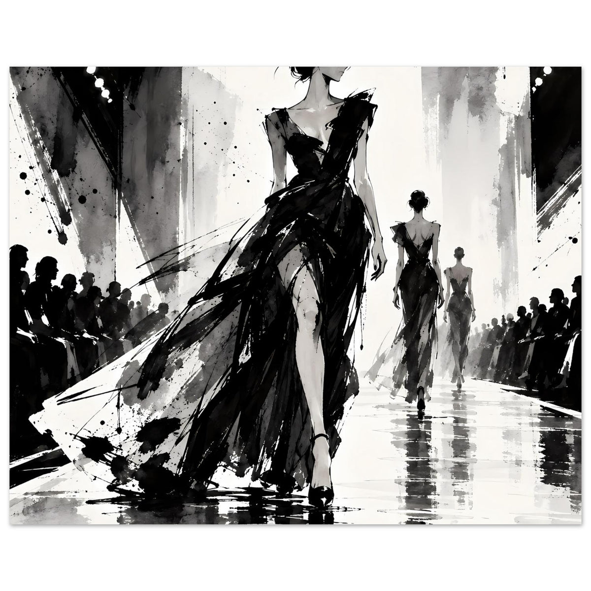Schwarzweiß-Modeillustration als Poster: Frau im langen Kleid, weitere Models in Reihe im Hintergrund.
