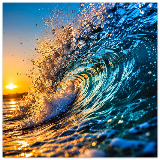 Poster mit dynamischen Sonnenuntergangswellen: blaues Meer, goldene Spritzer, Wasserfontänen