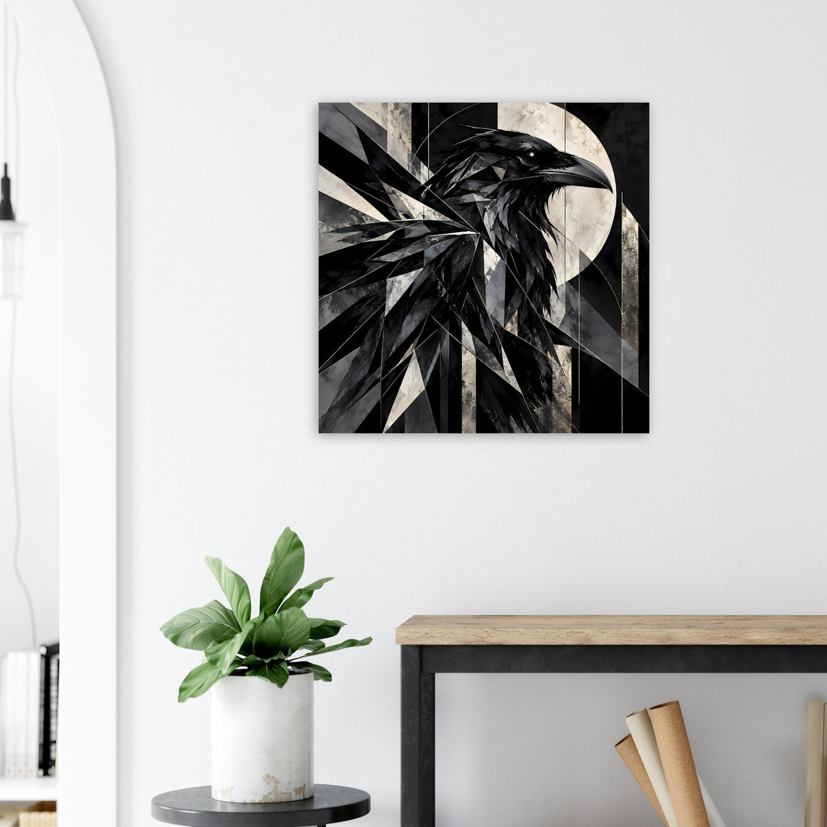 Rechteckiges Kunstposter mit geometrischem Rabenbild und rundem Graufleck