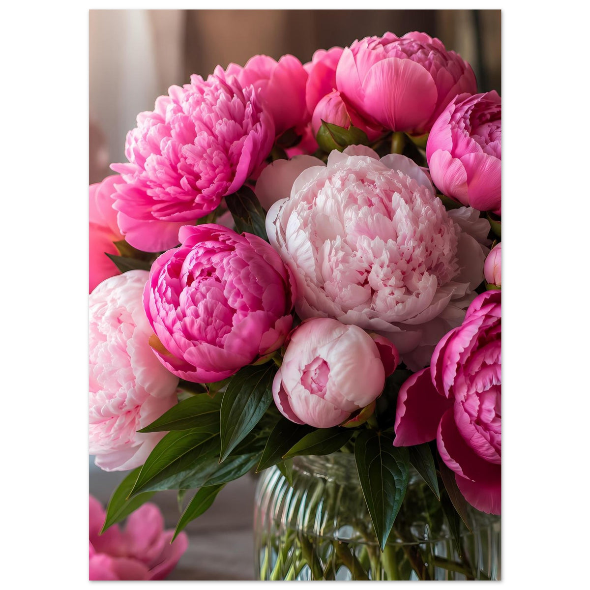 Poster mit üppigem Pfingstrosenstrauß: rosa, pink und weiße Blüten in Vase