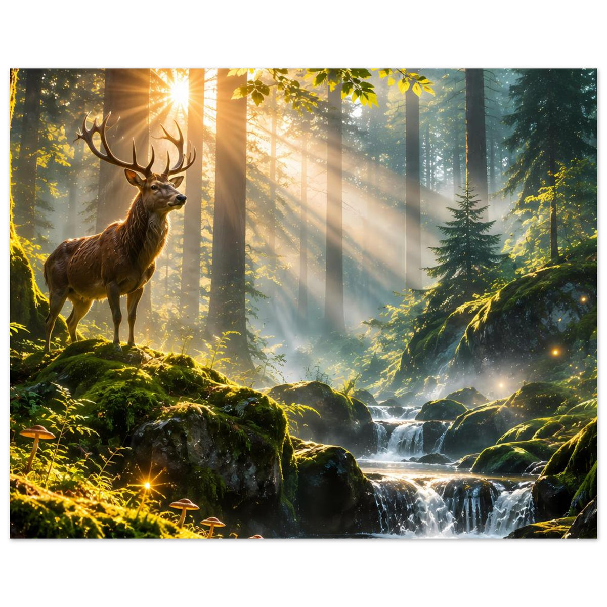 Wandposter im Querformat mit Hirsch links, Wasserfall in der Mitte und Sonnenstrahlen
