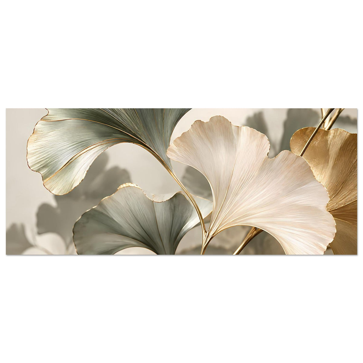 Horizontales Poster mit Ginkgo-Blättern in Grau-Grün, Creme und Goldrändern