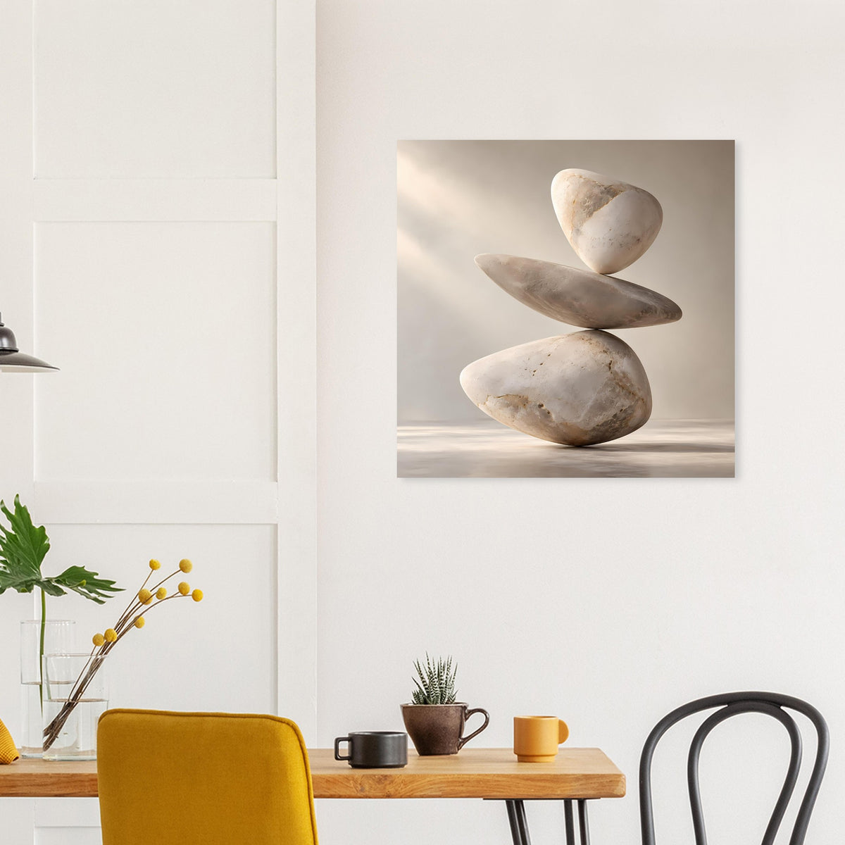 Quadratischer Kunstdruck mit gestapelten Steinen, beige Schattierungen auf hellem Hintergrund