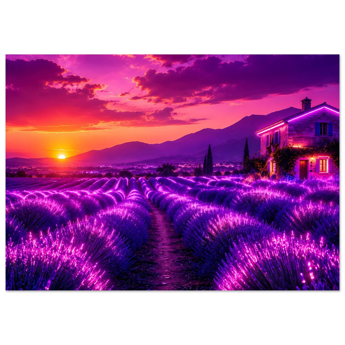 Poster im Querformat: lila Lavendelfeld mit Mittelweg, Sonnenuntergang und Haus rechts