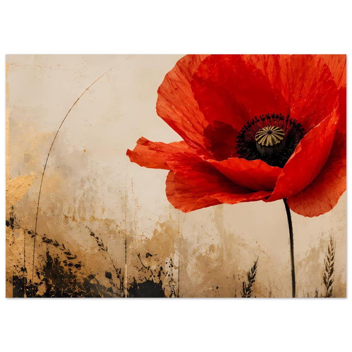 Poster mit großer roter Mohnblume, schwarzem Kern und sichtbaren Blütenblattranddetails