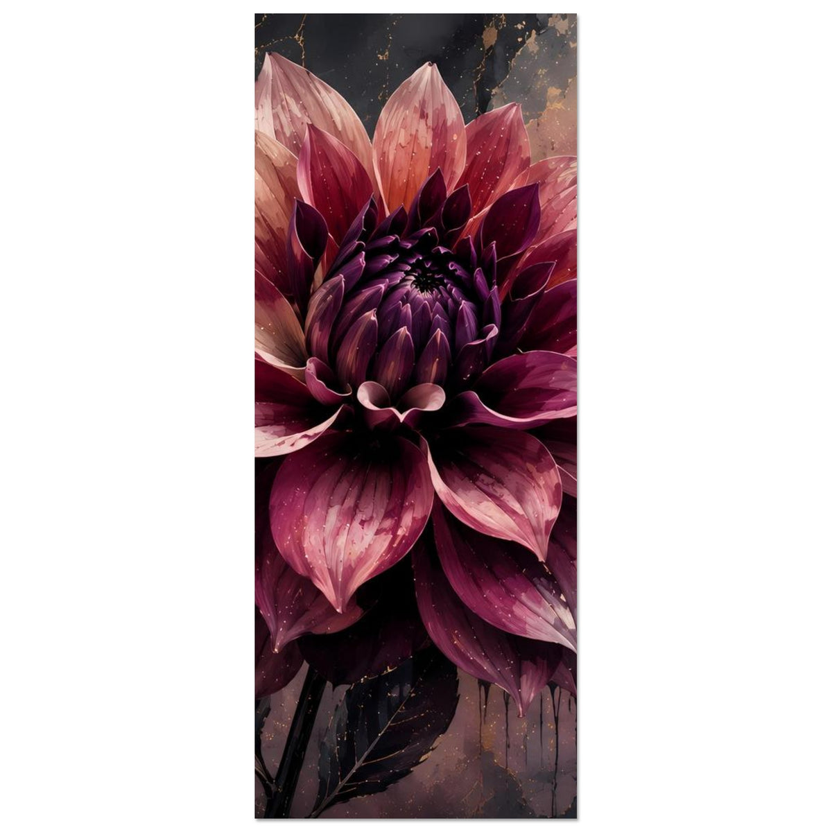 Blumenposter im Hochformat: dunkelviolette Dahlie mit goldenen Adern, fokussierte Mittelblüte