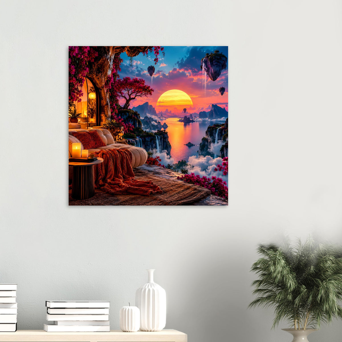 Fantasy-Landschaftsposter an der Wand: goldene Sonne über Fluss, Wolkenmeer, rosa Blüten