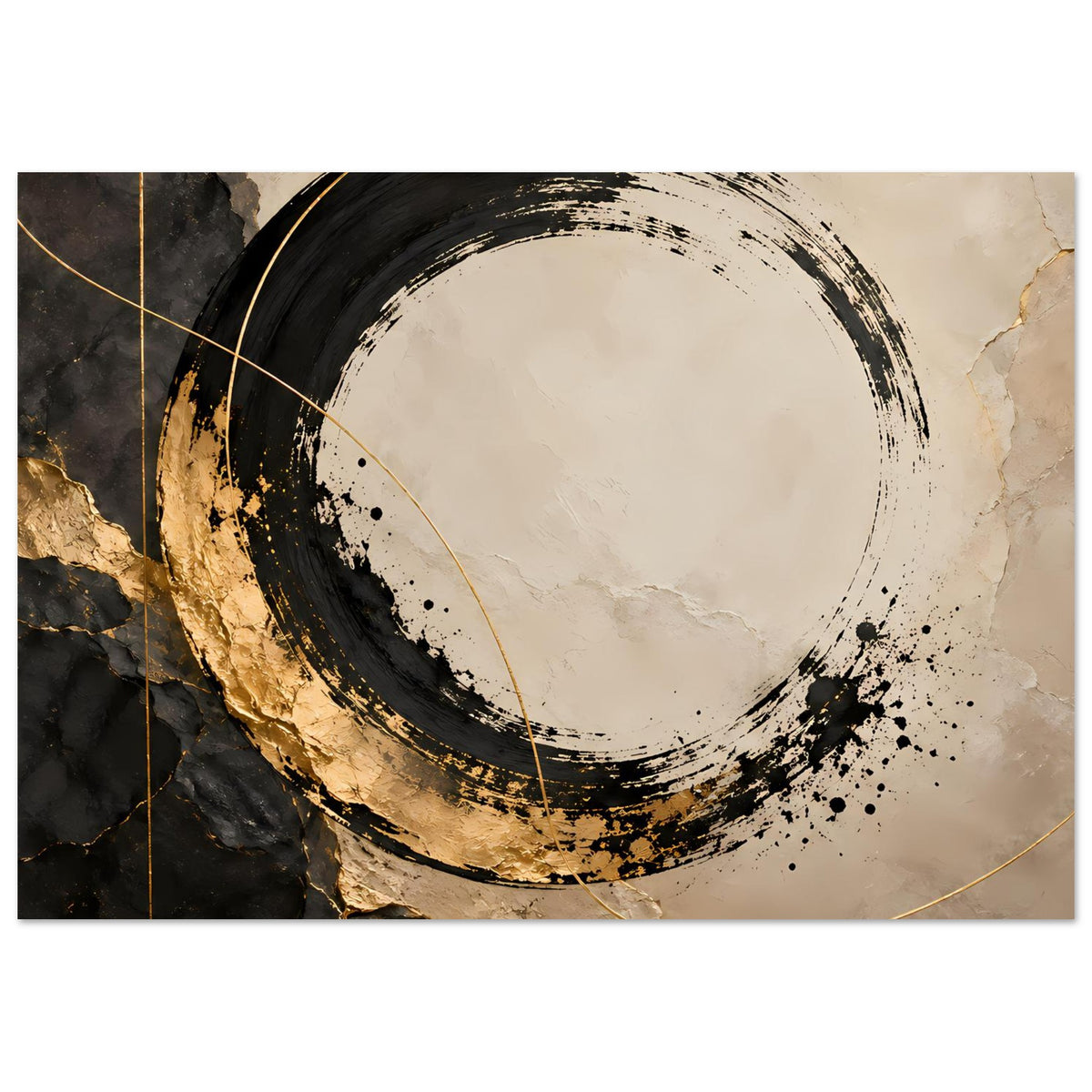 Abstraktes Kunstposter (horizontal) mit schwarzem Pinselring, goldenen Linien und beiger Fläche