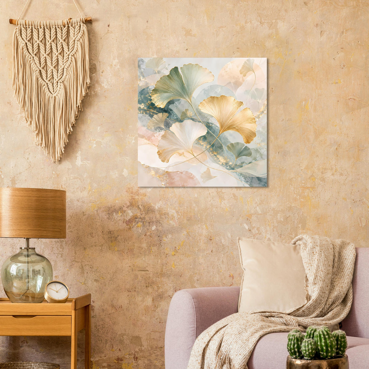 Gerahmtes Poster mit Ginkgo-Blättern in Pastellgrün und Beige mit goldenen Akzenten