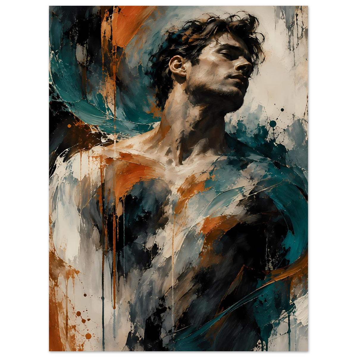 Kunstposter Porträt im Stil moderner Malerei, Gesicht im Profil, Rostorange, Petrol und Spritzdekor