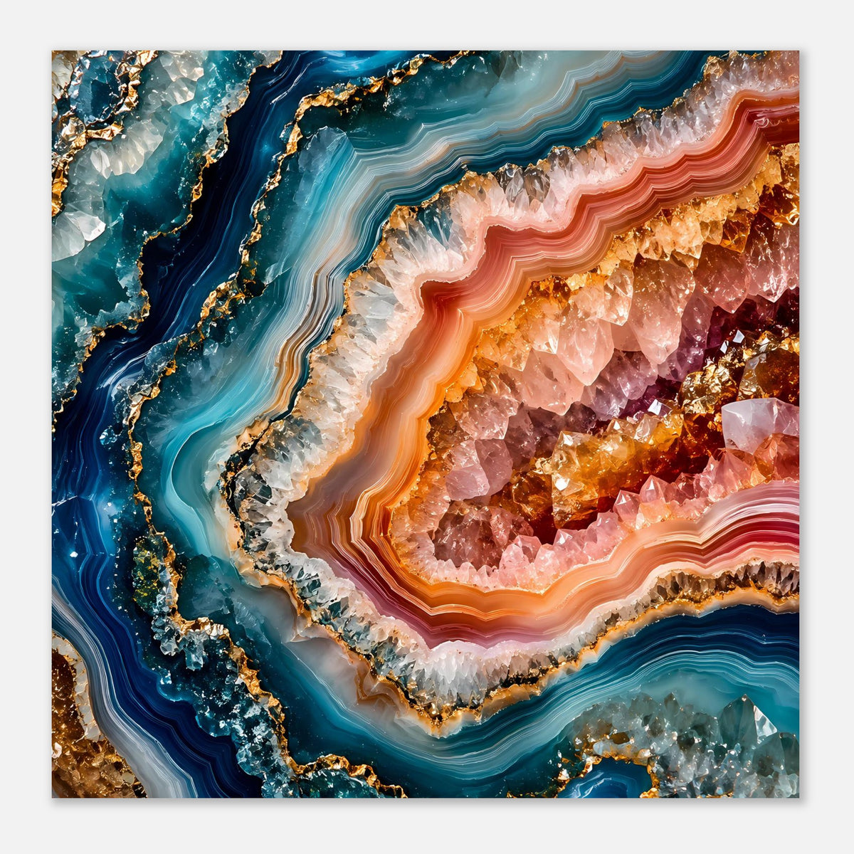 Poster mit Geodenhöhle in Orange und Rosa, umrandet von Blau und Goldstreifen.