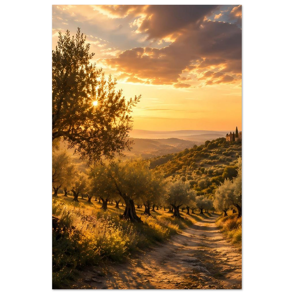 Vertikales Poster mit Olivenwald, Kiesweg zum Horizont und Dorf in der Ferne