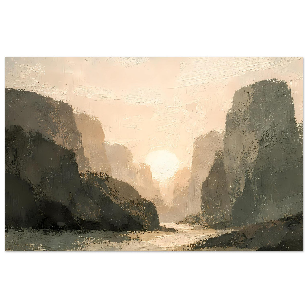 Poster mit Canyon-Landschaft, goldene Lichtbahn zwischen Bergen, dunkle Flächen, querformat