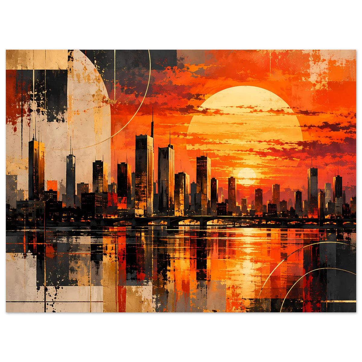 Poster im Querformat: abstrakte Stadtsilhouette, orangefarbener Himmel, Sonne und Bogenelemente