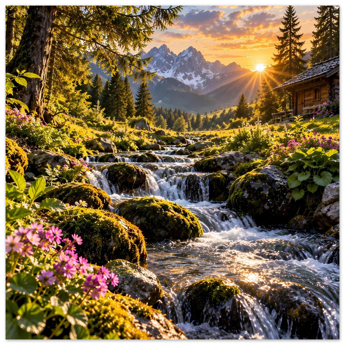 Horizontales Poster: Wasserfälle durch Felsen, Tannen und Blumen im Vordergrund, Abendsonne