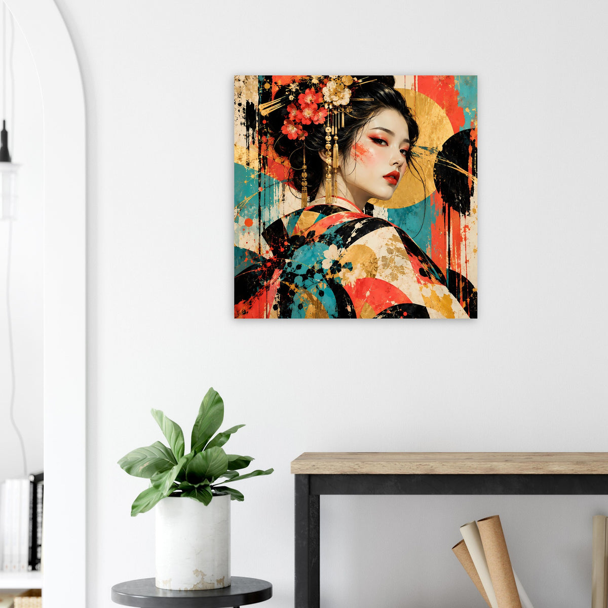 Kunstposter mit Geisha-Porträt, gold-beigem Kreis und kontrastreichen Farbsprenkel