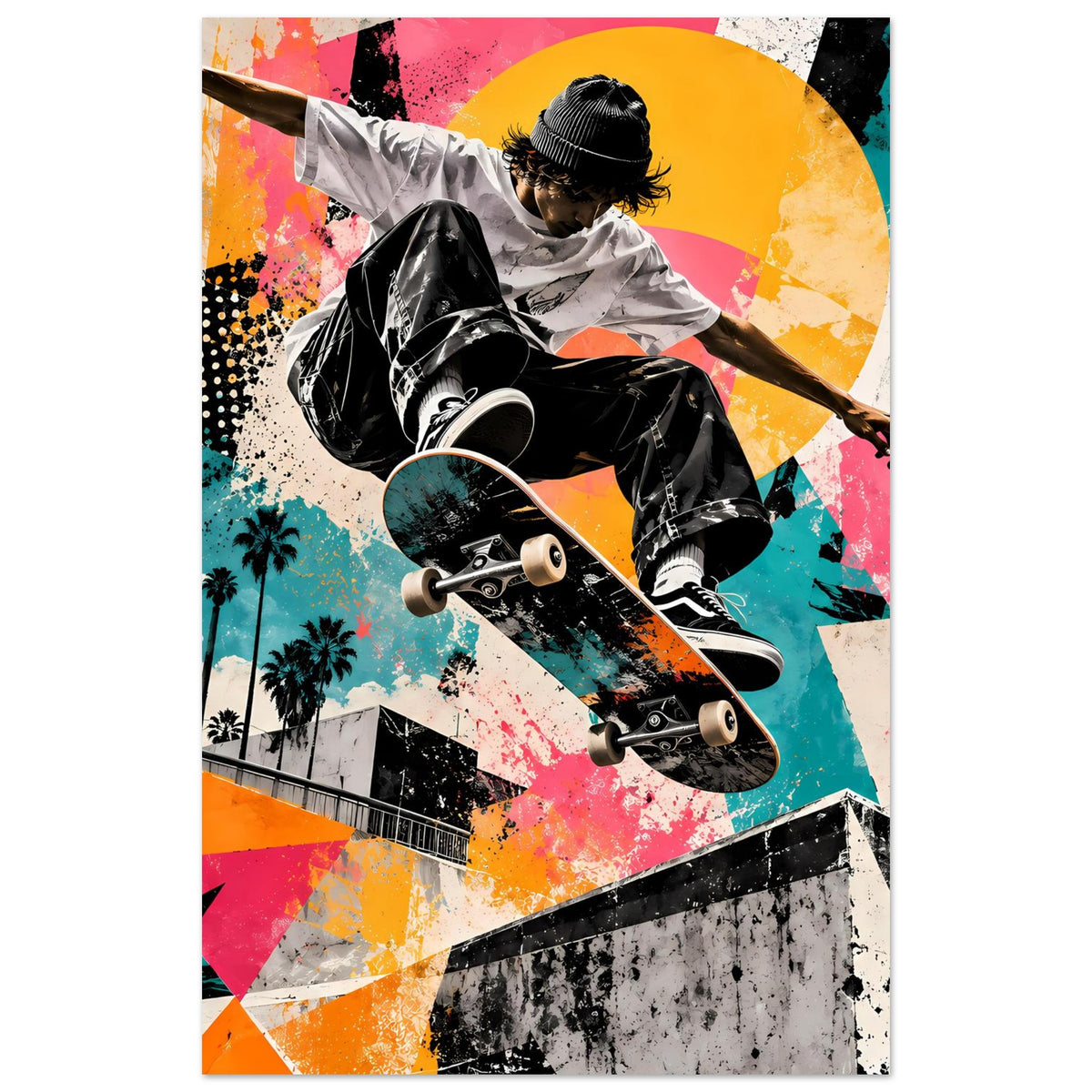 Poster mit Skateboarder im Graffiti-Design: Schwarzweißfigur und Neonfarben-Elemente