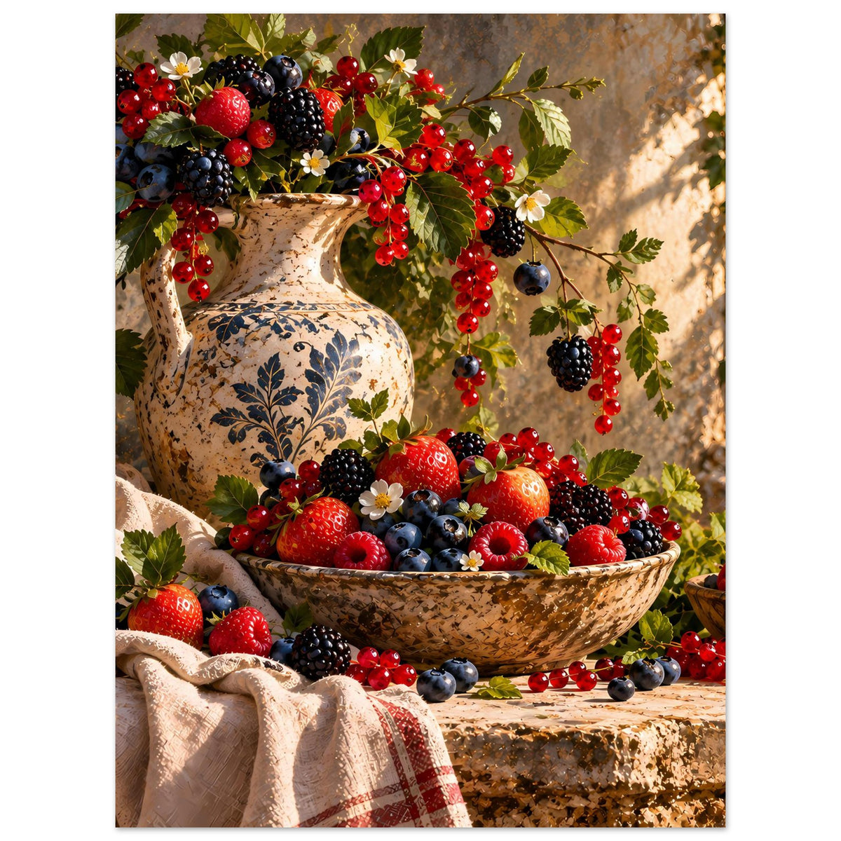 Beeren-Stillleben-Poster: große Obstschale mit Erdbeeren, Blaubeeren, roten Beeren und Ranke