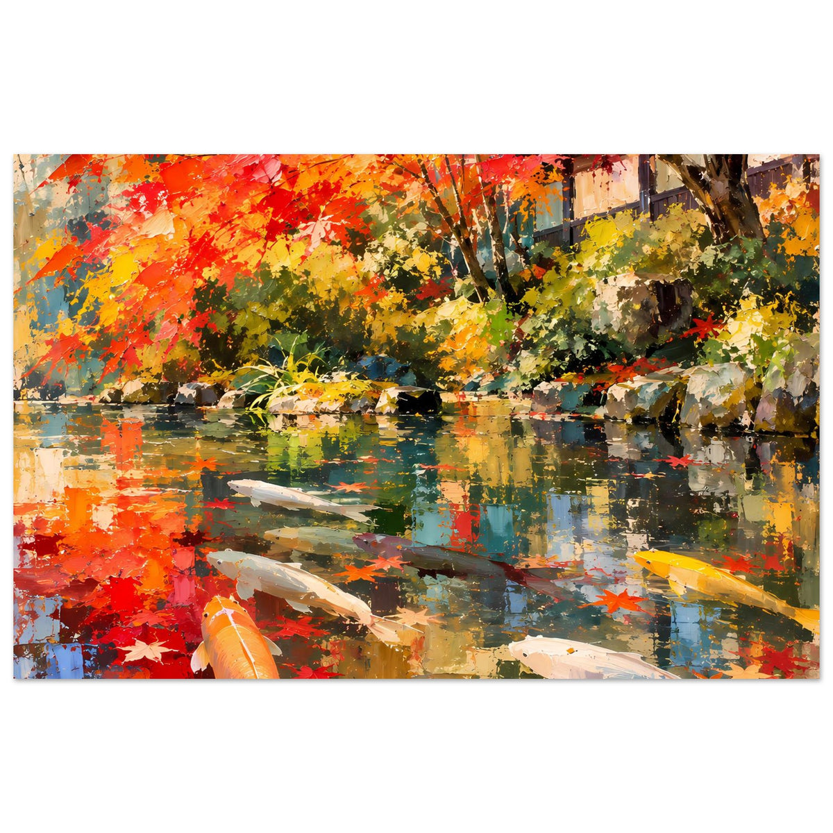 Horizontales Poster: Koi im Teich mit bunten Herbstblättern und spiegelnder Wasserfläche.