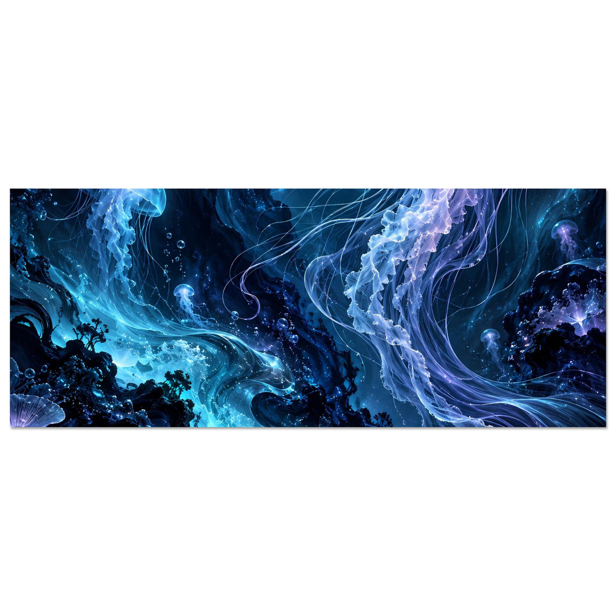 Panorama-Unterwasser-Poster mit leuchtenden Quallen in tiefem Blau