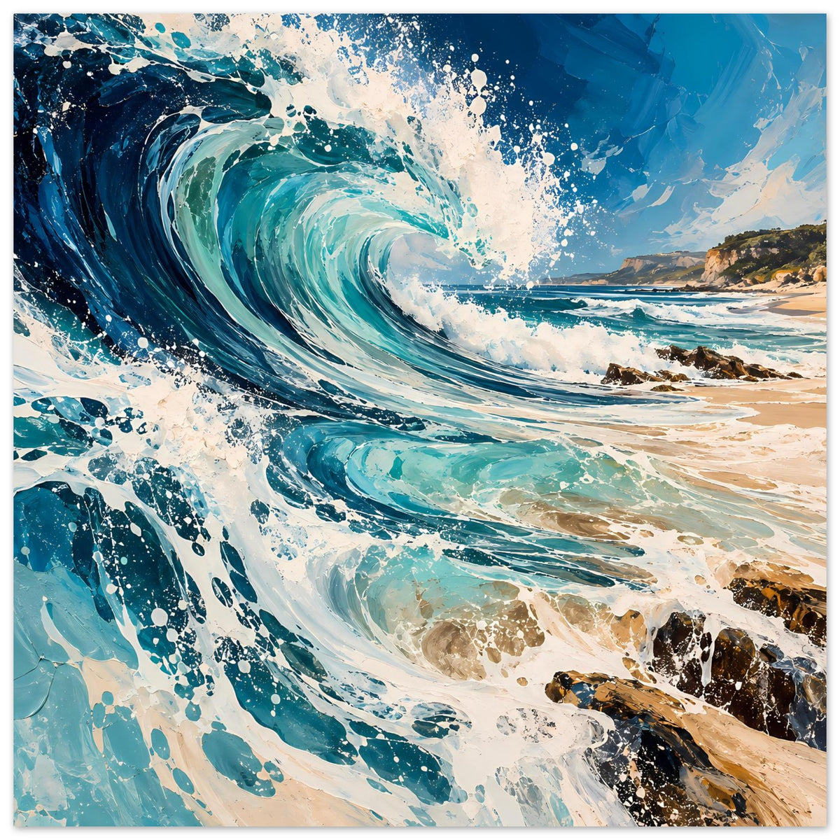 Ozean-Wellenposter mit klaren Wellenverläufen in Blau, weißem Sprühwasser und Sandstrand
