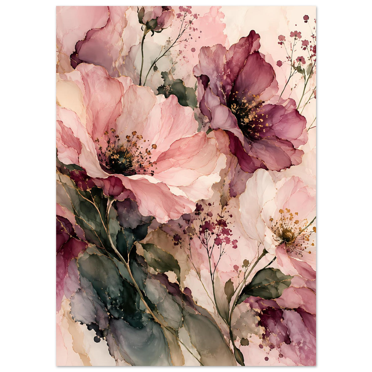 Blumenposter im Hochformat: große rosa und bordeauxrote Blüten mit kleinen Blütenstielen und grünen Blättern