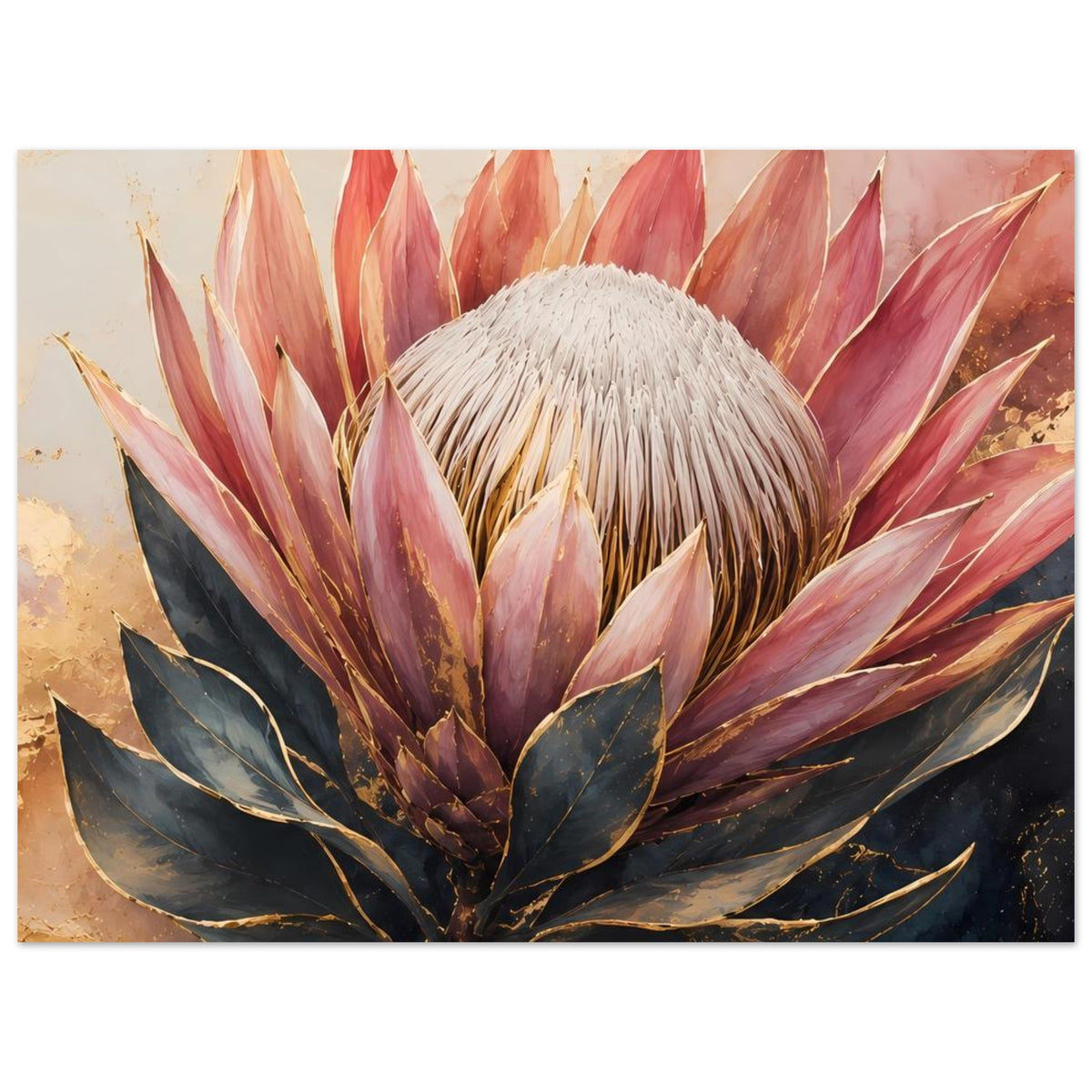 Botanisches Poster mit Königsprotea: altrosa Spitzen, goldene Details und dunkelblaue Blätter am Strauch.