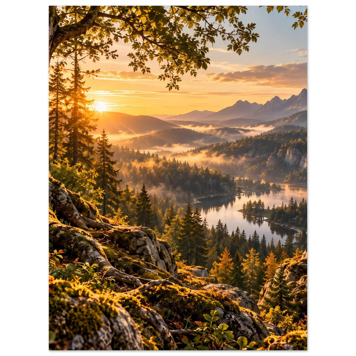 Landschaftsposter mit Sonnenaufgang, Bergmassiv, See und lichtdurchflutetem Tannenwald